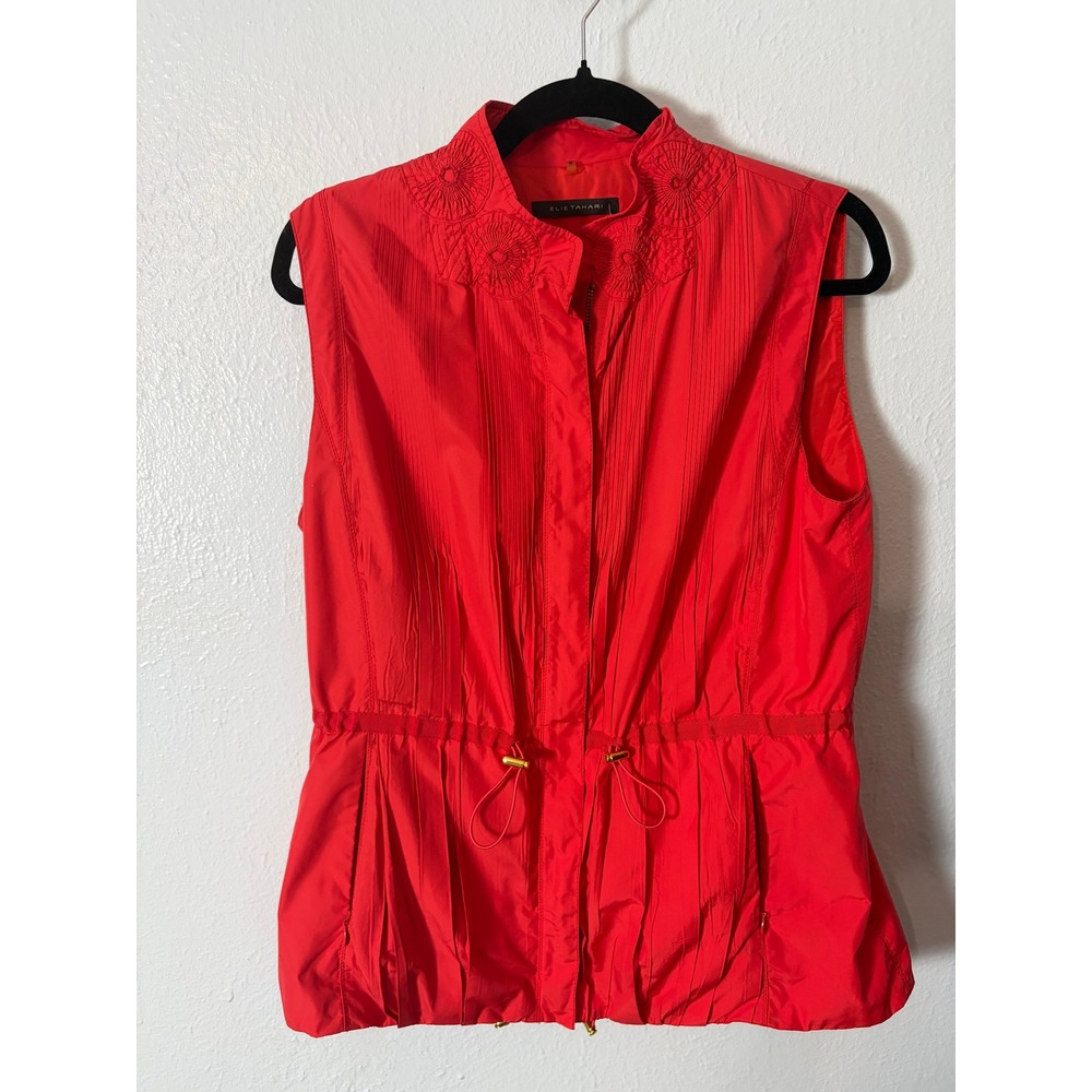 Elie Tahari Red Sleeveless Vest Embroidered Pleated Drawstring Size M Old Money
